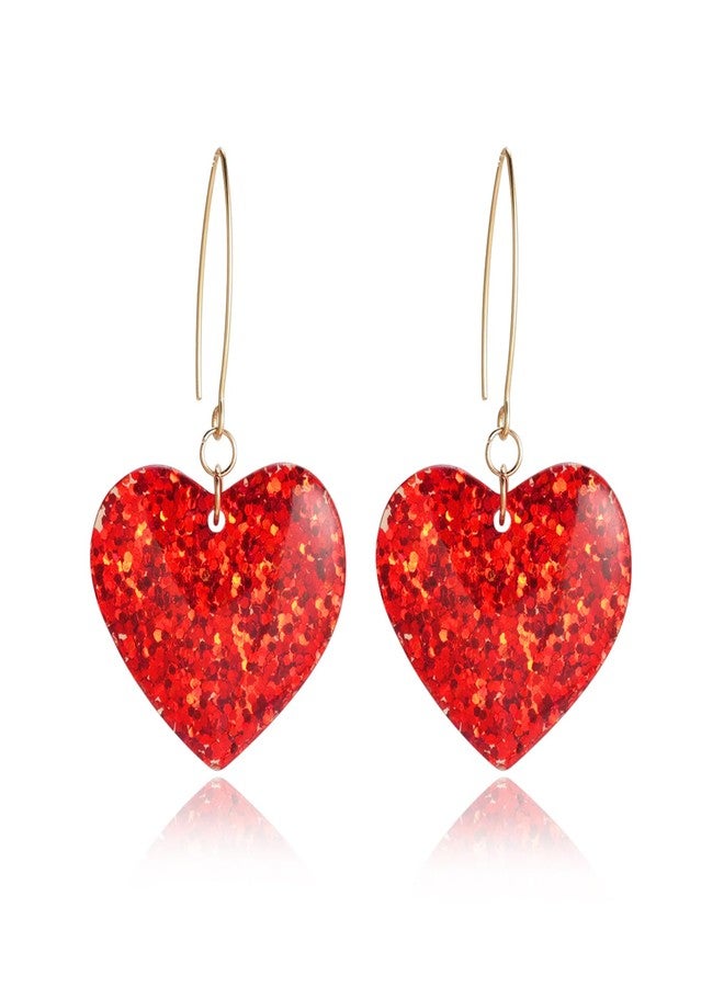 DOLLESS Heart Earrings for Women Valentine Day Big Heart Sparky Red Love Heart Dangle Drop Hoop Earrings (Red) - Image 1
