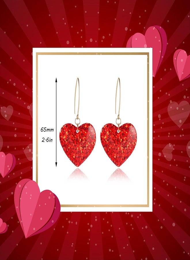 DOLLESS Heart Earrings for Women Valentine Day Big Heart Sparky Red Love Heart Dangle Drop Hoop Earrings (Red) - Image 5