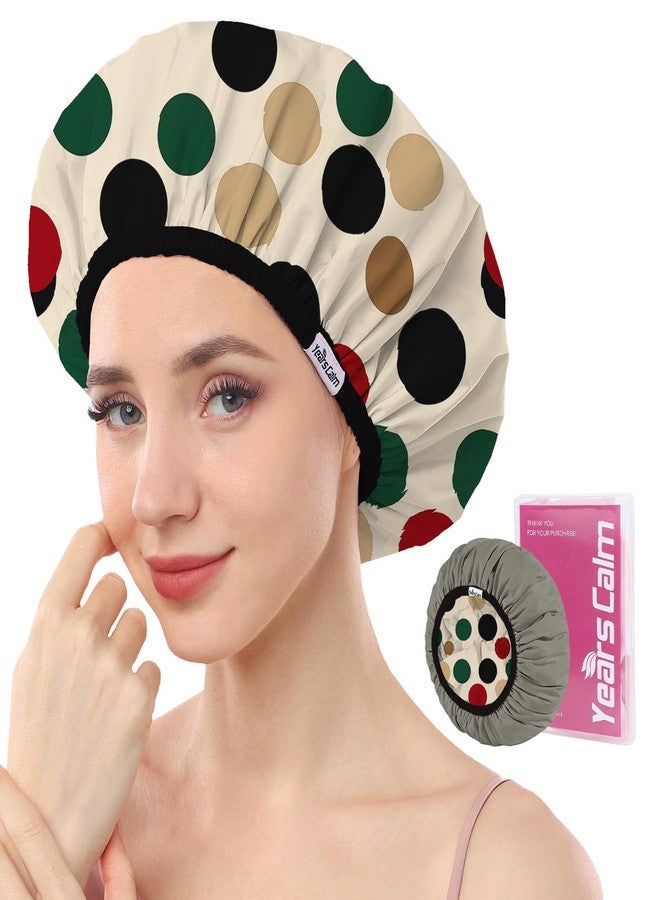 Years calm Luxury Shower Caps for Women Reusable Waterproof - Polka Dot Double Layer Bath Cap with Adjustable Elastic for Braids & Long Hair, Comfortable & Stylish, Versatile Use (Beige) - Image 1