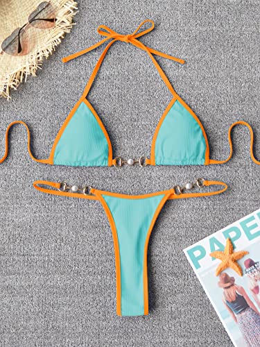 TASHEHE Women's Triangle Thong Bikini Set Sexy String Brazillian Two Piece Swimsuit Cute Bikini Bathing Suit - Turquoise Blue - Small - Image 5