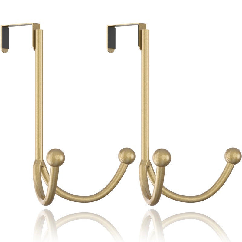 HFHOME 2Packs Over The Door Double Hanger Hooks, Metal Twin Hooks Organizer for Hanging Coats, Hats, Robes, Towels- Gold - Image 1
