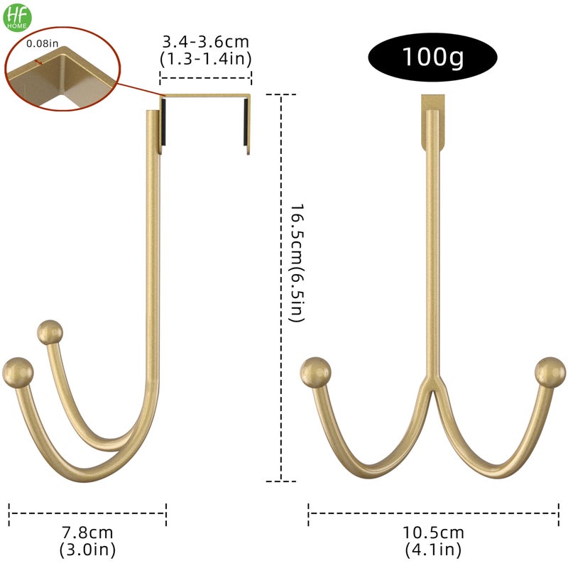 HFHOME 2Packs Over The Door Double Hanger Hooks, Metal Twin Hooks Organizer for Hanging Coats, Hats, Robes, Towels- Gold - Image 2