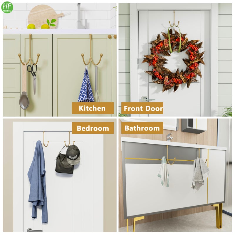 HFHOME 2Packs Over The Door Double Hanger Hooks, Metal Twin Hooks Organizer for Hanging Coats, Hats, Robes, Towels- Gold - Image 4