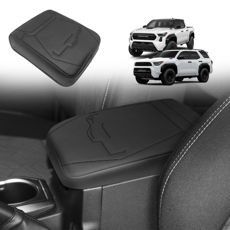 Muslogy Center Console Armrest Cover Compatible With 2024 Toyota Tacoma 2025+ 4Runner Accessories Armrest Lid Protector Vegan Leather Cushion Regular Thick(Black/Black Stitching) - Image 1