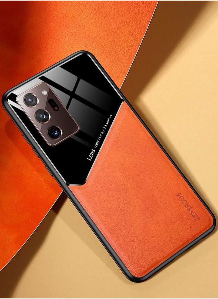 Generic Case Compatible With Samsung Galaxy Note 20 Ultra, Cover Luxury Leather And Glass With Car Magnetic Holder Phone Cover Soft Frame Silicone - Orange  - Image 1
