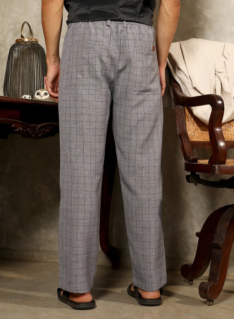 Campus Sutra Campus Sutra Men's Moon Grey Graph-Check Casual Trousers For Casual Wear | Mid-Rise | Regular Fit | Drawstring Closure | Trousers Crafted With Comfort Fit For Everyday Wear  - Image 5
