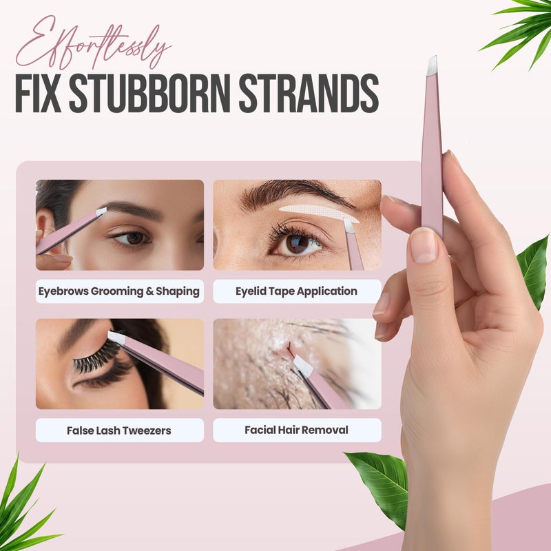 aaasportx Professional Slant Tip Tweezers - Precision Stainless Steel Eyebrow Plucking Tool for Women and Men, Ingrown Hair Remover, Facial Hair Tweezers for Grooming (Rose Quartz) - Image 2