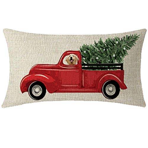 Andreannie Gift Merry Christmas Red Pickup Truck with Christmas Tree and Dog Cotton Linen Decorative Lumbar Throw Pillow Case Cushion Cover (Beige/Red - Image 2