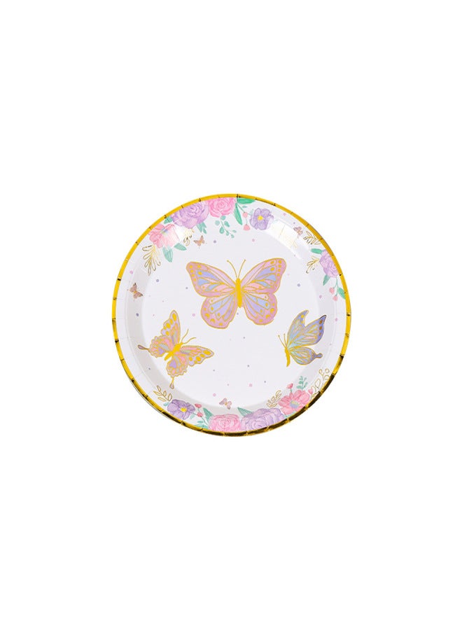 Disposable Paper Tray Food Grade Bronzing Butterfly Series Paper Tray Paper Cup Paper Towel Suit Birthday Party Tableware-Color:8.6inch X Paper Packing Plate1 - Image 1
