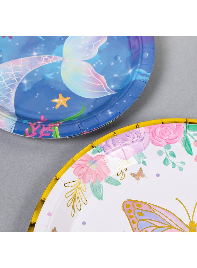 Disposable Paper Tray Food Grade Bronzing Butterfly Series Paper Tray Paper Cup Paper Towel Suit Birthday Party Tableware-Color:8.6inch X Paper Packing Plate1 - Image 5