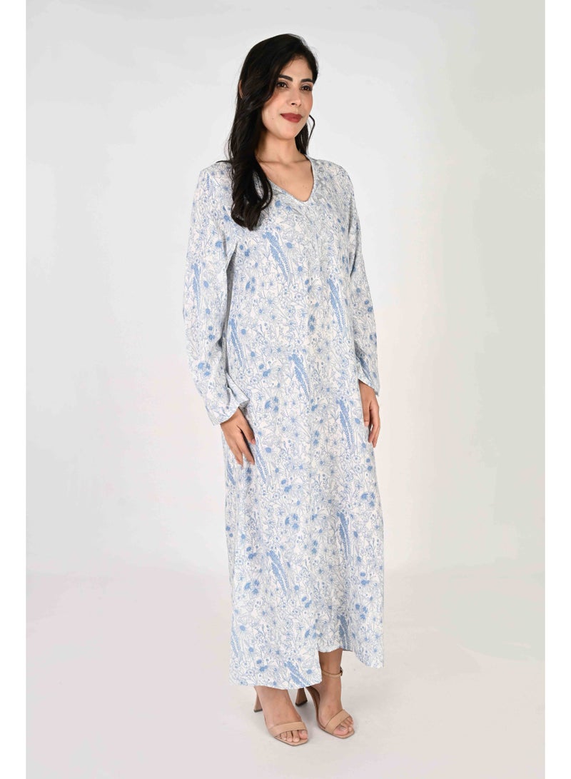 Linelle Ladies Jalabiya – light blue/white Base with Blue Florals and Embroidered Neckline