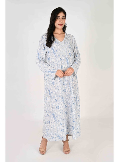 Linelle Ladies Jalabiya – light blue/white Base with Blue Florals and Embroidered Neckline