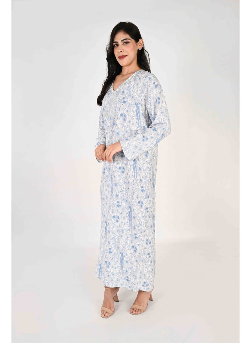 Linelle Ladies Jalabiya – light blue/white Base with Blue Florals and Embroidered Neckline
