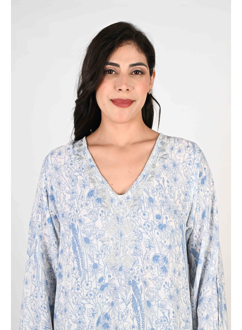 Linelle Ladies Jalabiya – light blue/white Base with Blue Florals and Embroidered Neckline