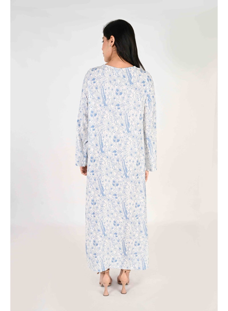 Linelle Ladies Jalabiya – light blue/white Base with Blue Florals and Embroidered Neckline