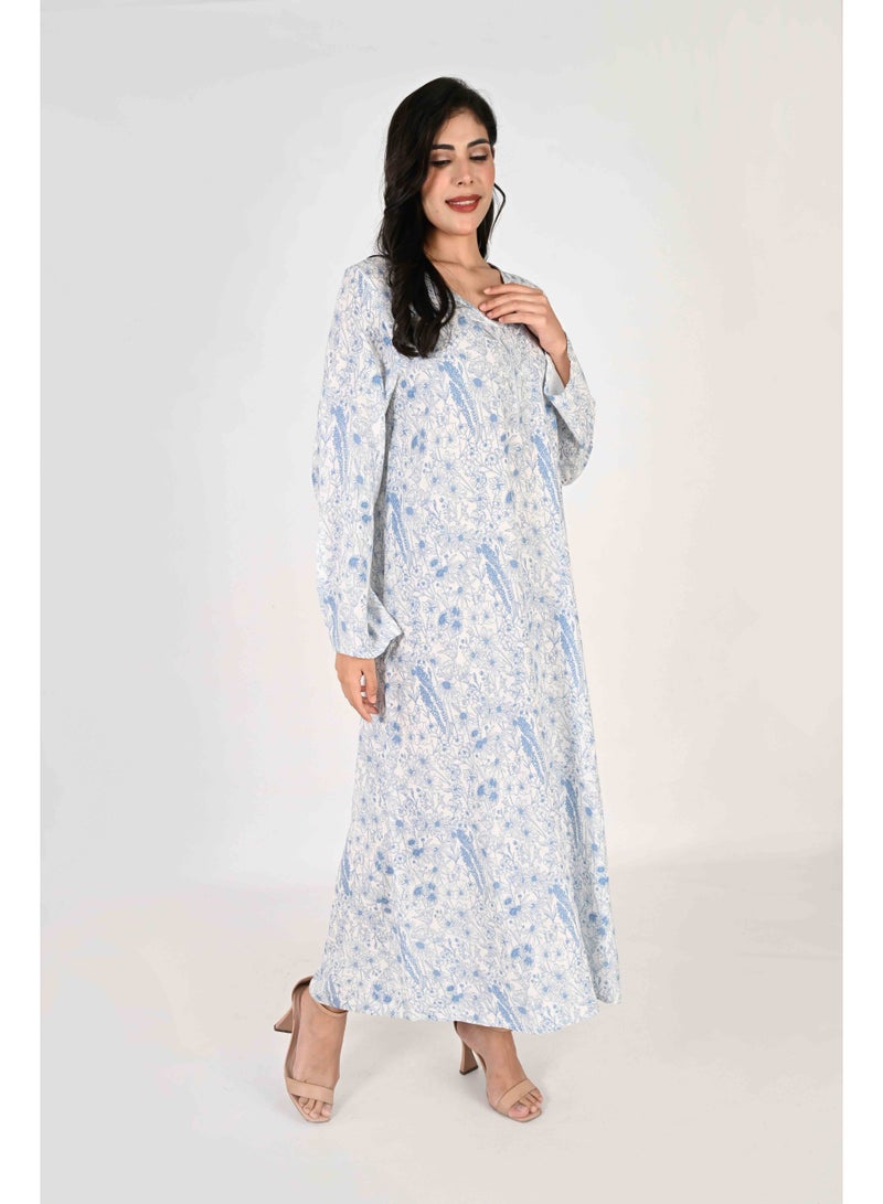 Linelle Ladies Jalabiya – light blue/white Base with Blue Florals and Embroidered Neckline