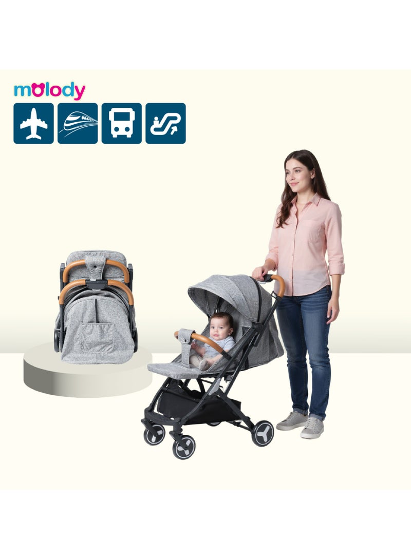 molody Lightweight Travel Stroller with Mosquito Mesh, Adjustable Canopy, and Trolley Handle for Easy Air Travel-Grey - Image 2