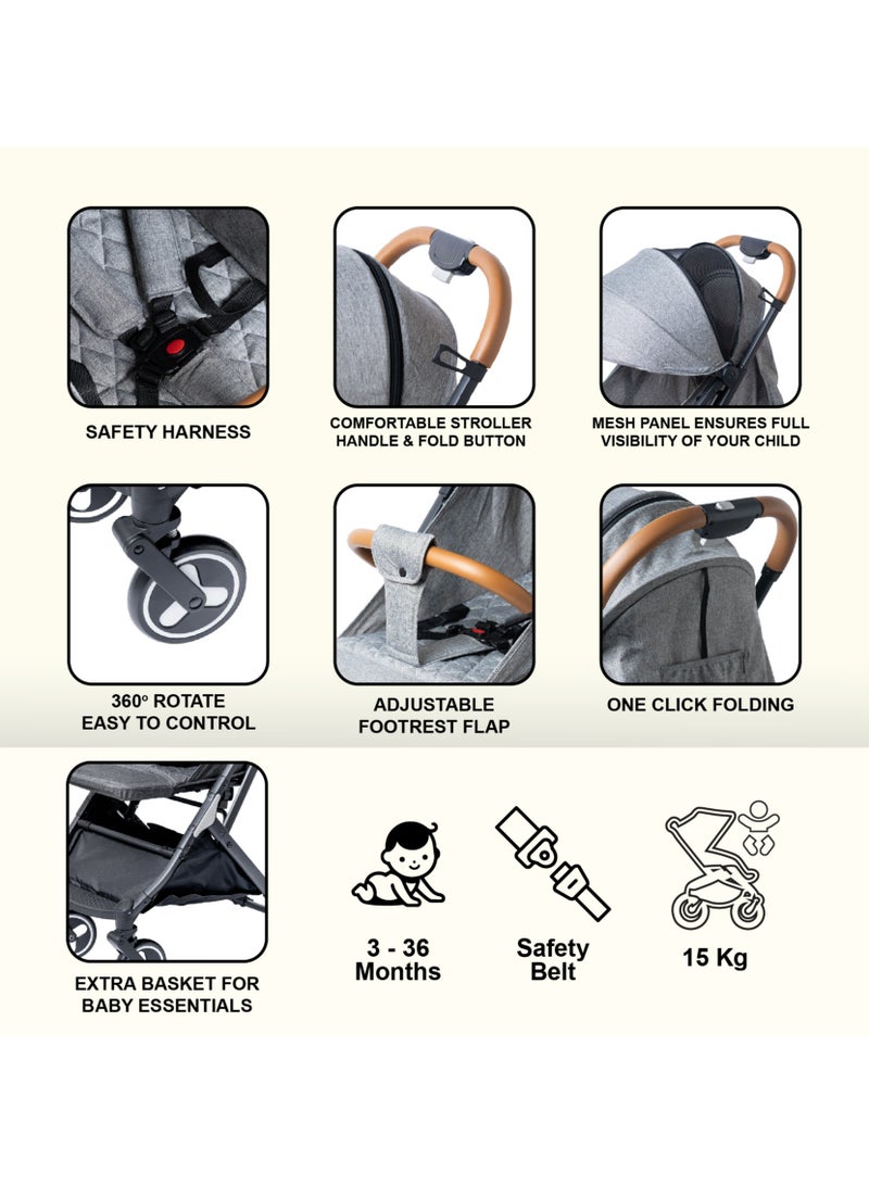 molody Lightweight Travel Stroller with Mosquito Mesh, Adjustable Canopy, and Trolley Handle for Easy Air Travel-Grey - Image 4