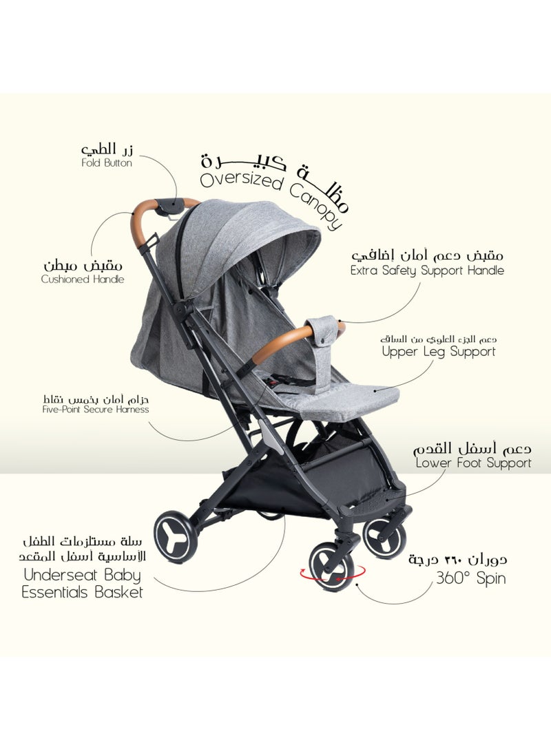 molody Lightweight Travel Stroller with Mosquito Mesh, Adjustable Canopy, and Trolley Handle for Easy Air Travel-Grey - Image 5