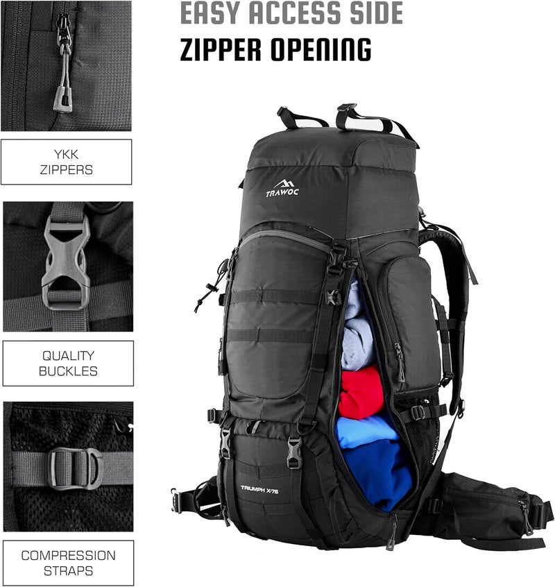 Trawoc TRIUMPH X 75 L Camping Backpack Trekking Hiking Ruckssack Travel Bag Front & Top Loading Laptop/Rain Cover/Shoe Compartment - Image 5