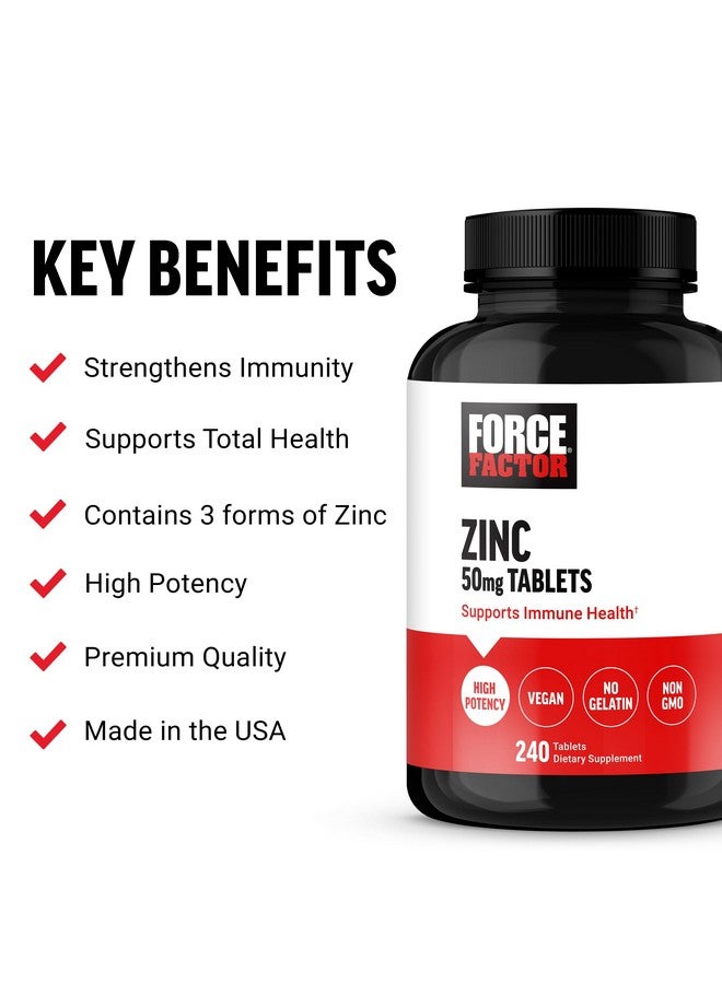 Force Factor Zinc 50mg, Zinc Supplements with Zinc Oxide Powder, Zinc Gluconate, and Zinc Citrate for Immune Support and Immune Health, High-Potency, Vegan, Gelatin Free, Non-GMO, 240 Tablets