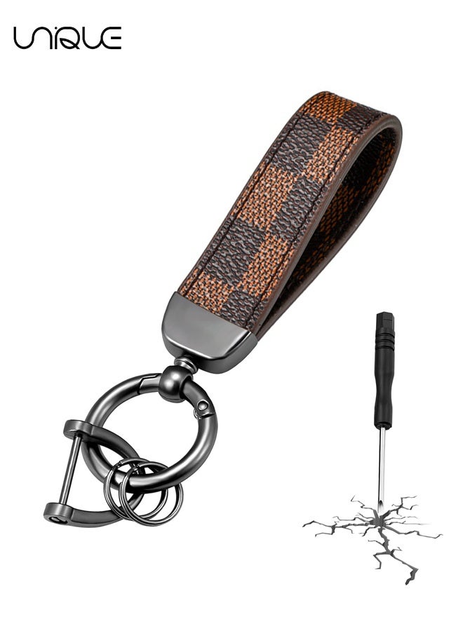 يونيك سيارة PU جلد معدني سلسلة المفاتيح - منقوشة جلد سبائك الزنك الدائري 360 درجة الدورية - سيارة المعصم العالمي السوار - مفتاح حقيبة مدرسية سيارة الديكور قلادة - أسود-بني / إرسال مفك البراغي - Image 1