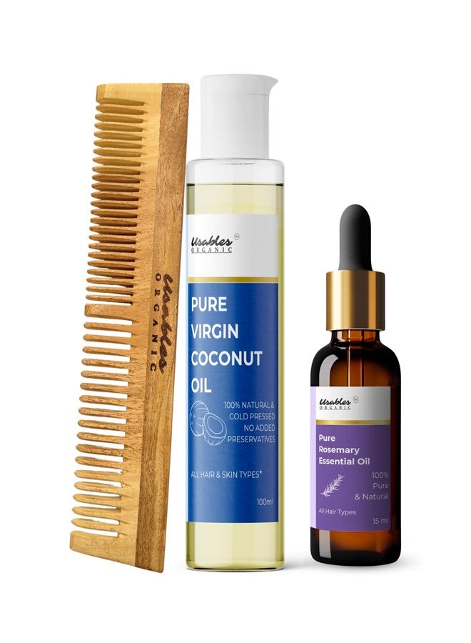 Usables ORGANIC Naturals Rosemary Oil, Coconut Oil, Combo (Cold Pressed) with Neem Combs For Hair Growth, Dandruff & Hairfall Control, Acne, Dark Spots | Cold Pressed Oil For Skin & Hair Care, | Organic Hair & Care Kit - Image 1