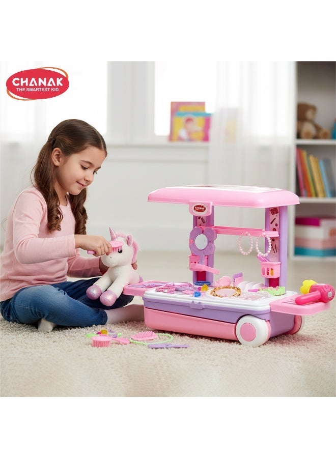 Chanak Beauty Set Suitcase On Wheel, The Ultimate Beauty Set On Wheels for Girls, Makeup Kit is Easy to Clean & Use, Portable Beauty Set with 25 Pieces for 3 Years  (Beauty Set Trolley) - Image 1