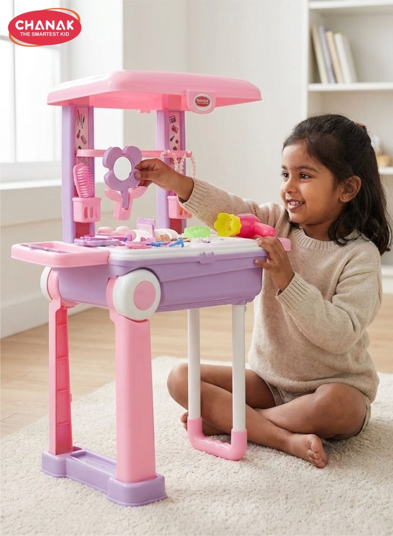 Chanak Beauty Set Suitcase On Wheel, The Ultimate Beauty Set On Wheels for Girls, Makeup Kit is Easy to Clean & Use, Portable Beauty Set with 25 Pieces for 3 Years  (Beauty Set Trolley) - Image 1