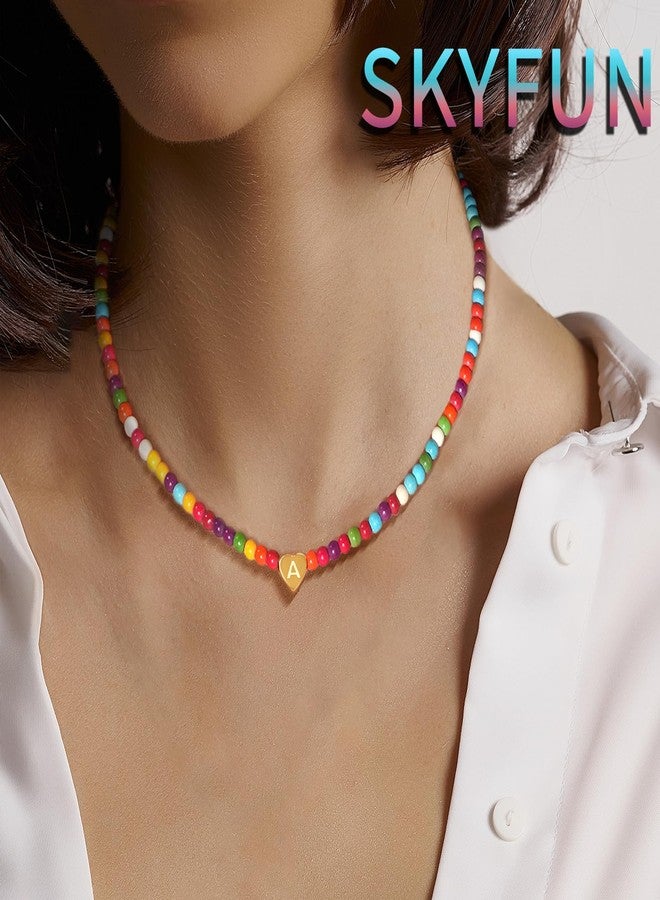 SKYFUN Colorful Beaded Initial Necklaces for Women Cute Gold Heart Necklace with Letter Bohemian Summer Jewelry Alphabet A-Z Choker Graduation Birthday Christmas Gift, R - Image 5