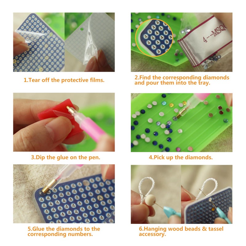 SWATOM 6 Pcs 5D Leather Diamond Painting Bookmarks Sun & Moon PU Diamond Art Bookmark with DIY Painting Kits Tassels & Wood Beads Pendant Rhinestone Bookmarks - Image 5