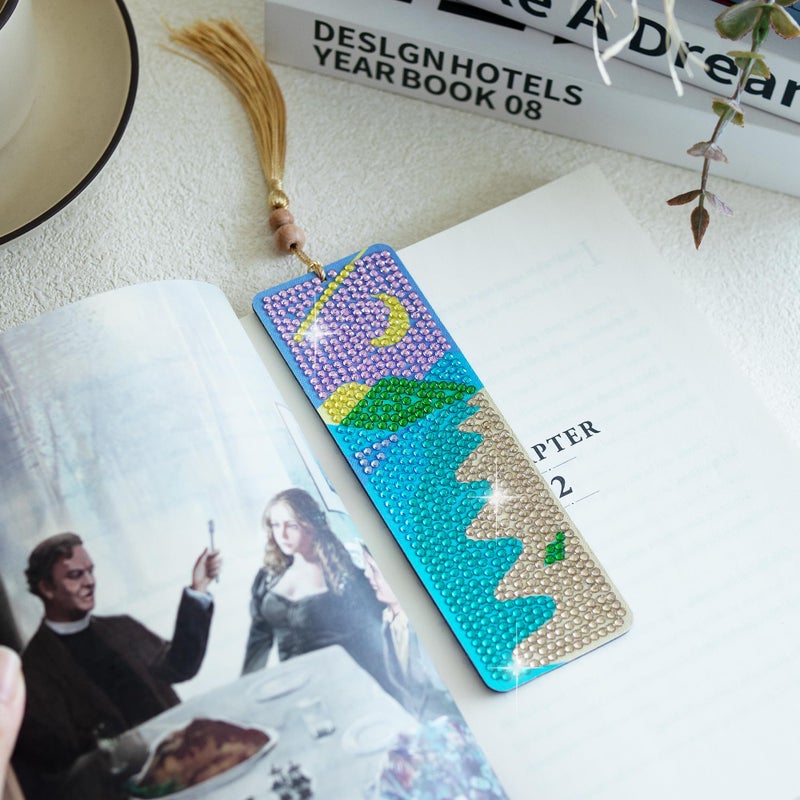 SWATOM 6 Pcs 5D Leather Diamond Painting Bookmarks Sun & Moon PU Diamond Art Bookmark with DIY Painting Kits Tassels & Wood Beads Pendant Rhinestone Bookmarks - Image 3