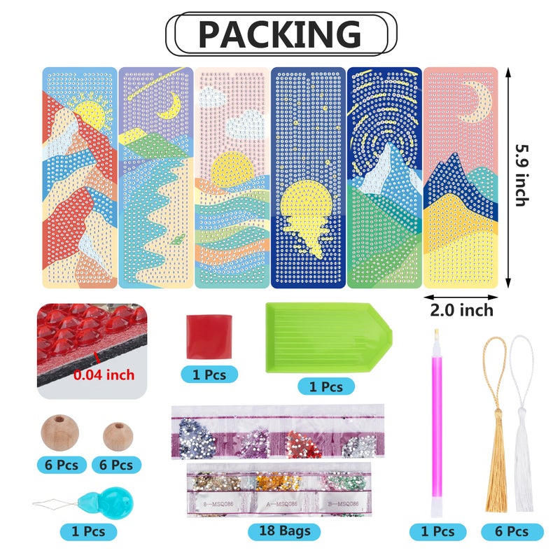 SWATOM 6 Pcs 5D Leather Diamond Painting Bookmarks Sun & Moon PU Diamond Art Bookmark with DIY Painting Kits Tassels & Wood Beads Pendant Rhinestone Bookmarks - Image 2