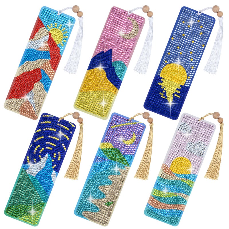 SWATOM 6 Pcs 5D Leather Diamond Painting Bookmarks Sun & Moon PU Diamond Art Bookmark with DIY Painting Kits Tassels & Wood Beads Pendant Rhinestone Bookmarks - Image 1