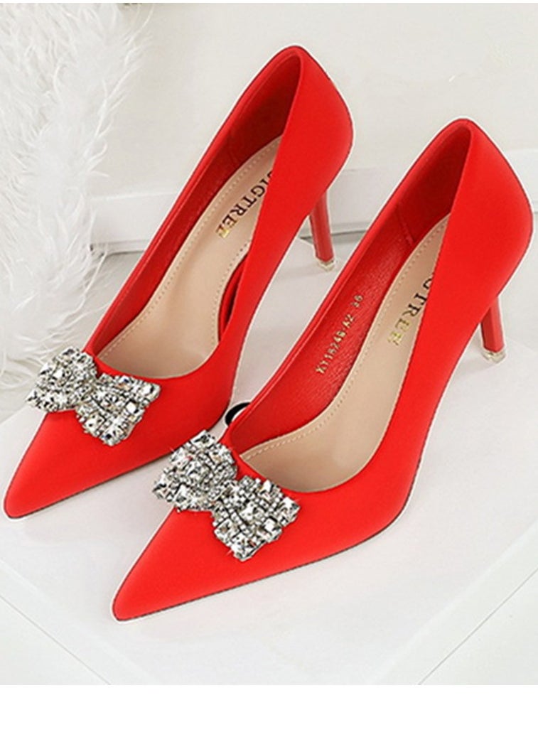 BIGTREE Women's Satin Closed Pointed Toe Stiletto Pump Rhinestone Bowknot Decoration High Heels Red 7.5 CM  - Image 1