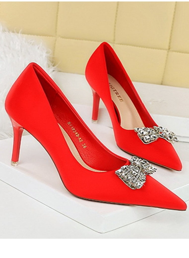 BIGTREE Women's Satin Closed Pointed Toe Stiletto Pump Rhinestone Bowknot Decoration High Heels Red 7.5 CM  - Image 2