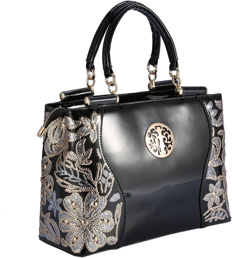 klarako Women Handbag, Fashional Beauty Female PU Large Capacity Sequins Bag Handbag Black - Image 2