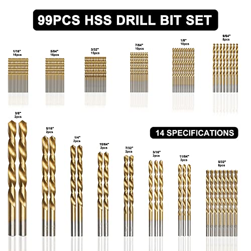 GMTOOLS 99 Pcs Drill Bit Set, 135° Tip Titanium Coated High Speed Steel, Twist Drill Bit Kit for Iron, Aluminum Alloy, Copper, Wood, Plastic, with Hard Storage 1/16"-3/8" - Image 2