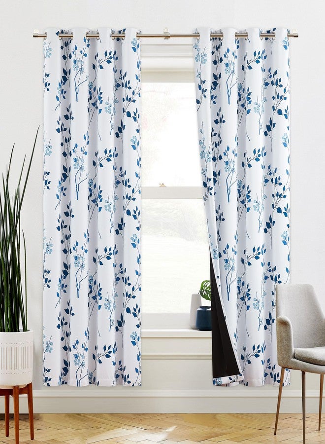 Beauoop Floral 100% Blackout Curtains 72 Inches Long 2 Panels for Bedroom Living Room Navy Blue and White Flower Patterned Room Darkening Thermal Soundproof Grommet Window Treatments Drapes, 52X72 - Image 1
