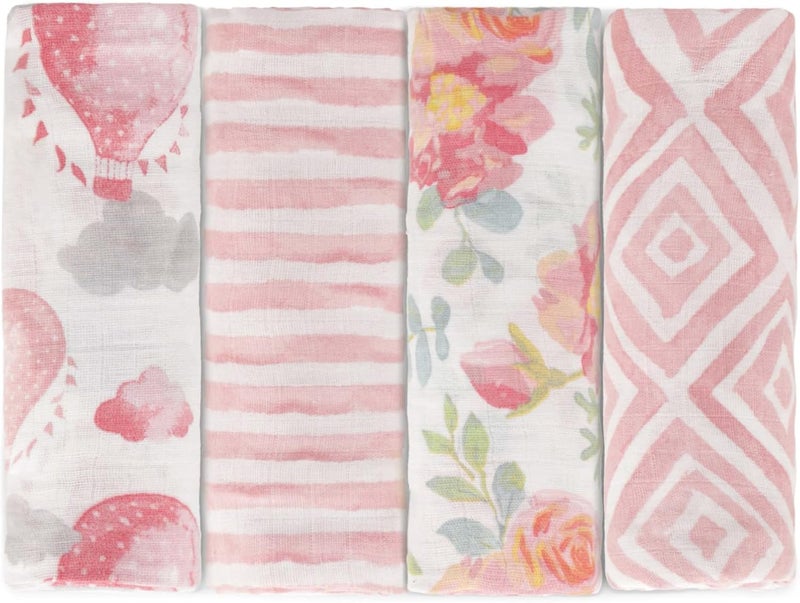 Featherhead 100 Cotton Muslin Swaddle Blankets for Baby Girl  Large 47x 47  PreWashed Soft  Breathable  Newborn Essential  Perfect Baby Registry Gift 4 Pack  Garden Floral - Image 1