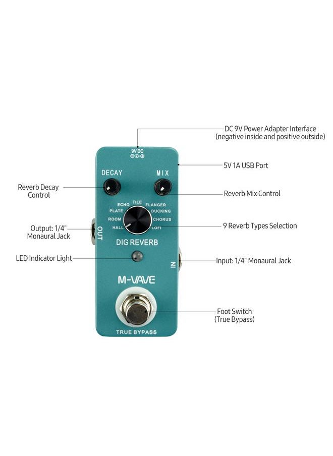 Thoraya - M-VAVE DIG REVERB Digital Reverb Guitar Effect Pedal 9 Reverb Types Decay & Mix Control True Bypass Full Metal Shell - Image 1