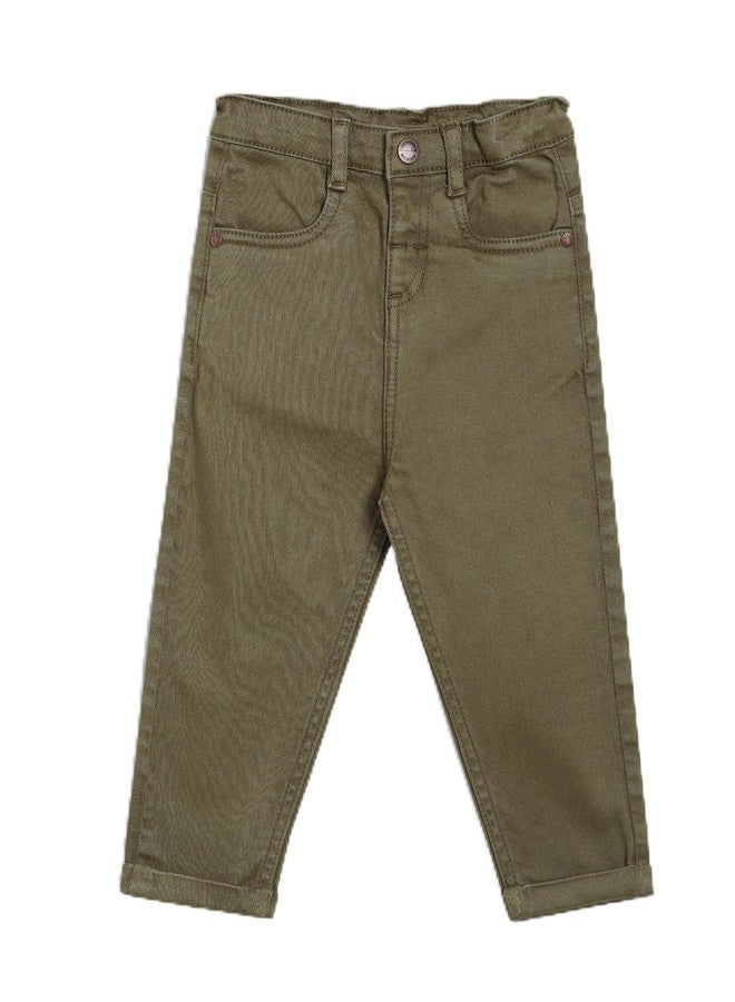 miniklub Baby Boys Waistband Full Length Woven Cotton Denim Pant, Pack of 1, Olive (2-3Y) - Image 1
