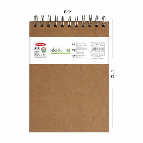 Anupam Sketch-E Sketchbook A5 Hard Cover Wireo Binding Drawing Notebook 100% Recycled Kraft Paper Plain & Dot-Grid On One Side 140Gsm 100 Pages for Artists Students Sketching (Pack of 2) - Image 2