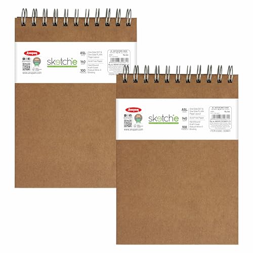 Anupam Sketch-E Sketchbook A5 Hard Cover Wireo Binding Drawing Notebook 100% Recycled Kraft Paper Plain & Dot-Grid On One Side 140Gsm 100 Pages for Artists Students Sketching (Pack of 2) - Image 1