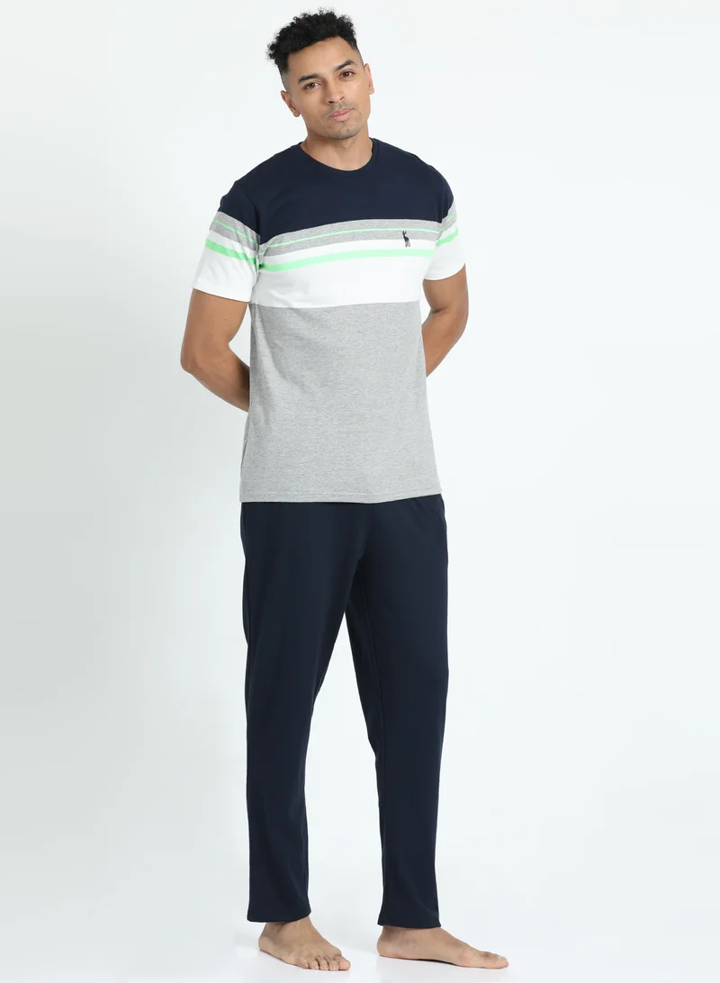 victor and jane Men's Cotton Pyjama Sets with Round Neck T-shirt in Grey and Black long pants