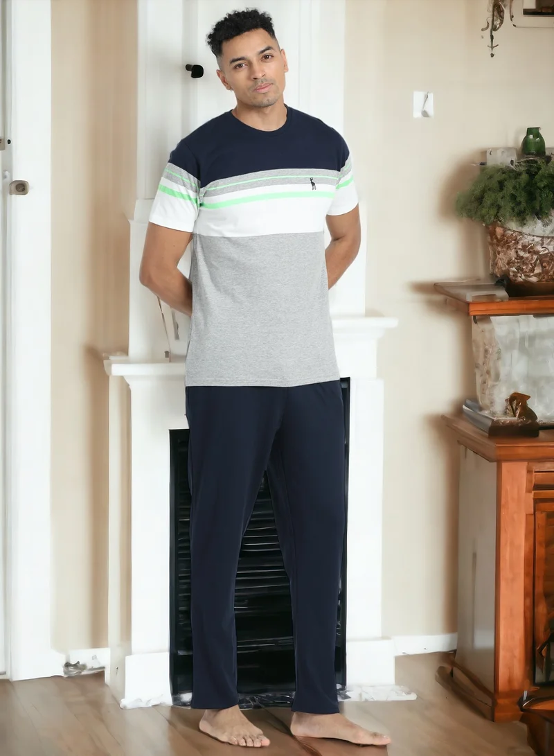 victor and jane Men's Cotton Pyjama Sets with Round Neck T-shirt in Grey and Black long pants