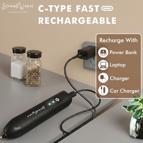 STRAW&WEAVE Coffee Frother Electric with Double Whisk | C Type Rechargeable Coffee Maker Machine for Home | 1 Year Warranty | Free Coffee Blender Recipe Book | Big Battery 1 Charge = 15 Days Use - Image 3