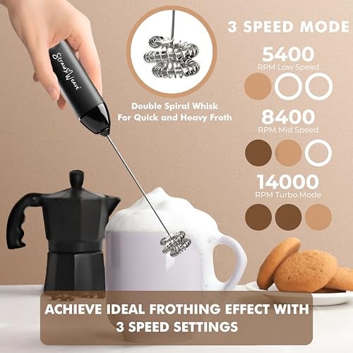 STRAW&WEAVE Coffee Frother Electric with Double Whisk | C Type Rechargeable Coffee Maker Machine for Home | 1 Year Warranty | Free Coffee Blender Recipe Book | Big Battery 1 Charge = 15 Days Use - Image 2