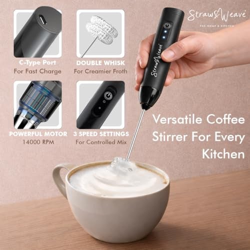 STRAW&WEAVE Coffee Frother Electric with Double Whisk | C Type Rechargeable Coffee Maker Machine for Home | 1 Year Warranty | Free Coffee Blender Recipe Book | Big Battery 1 Charge = 15 Days Use - Image 4