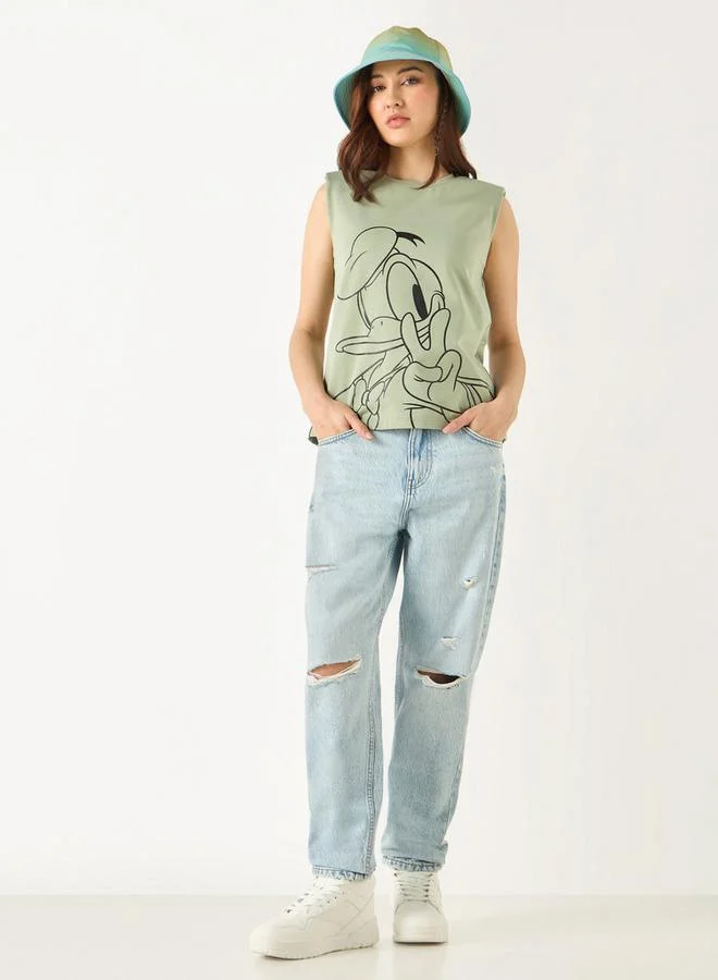 اس بي كاركترز تيشيرت دون أكمام بياقة ضيقة وطبعات دونالد دوك